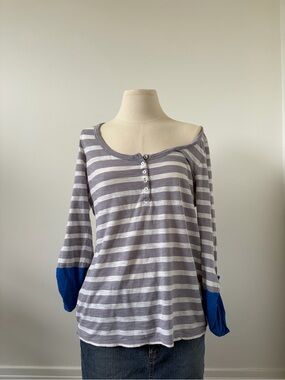 Unlisted Gray and White Striped Henley with Blue Sleeve Accents